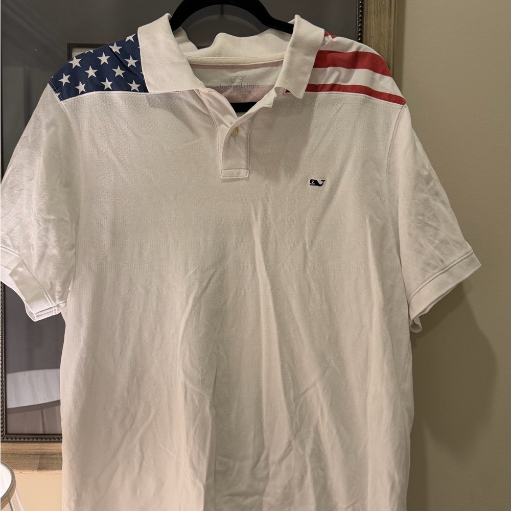 Vineyard Vines White Polo with American Flag Shoulder Detail